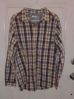 Columbia Yellow Plaid Button-Down Shirt with Red and Blue Stripes
